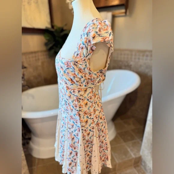 Free People Ponderosa Peach Orange Flirty Woven Floral Mini Dress medium - Picture 8 of 13
